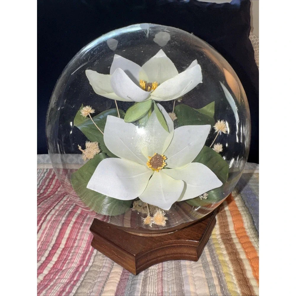 MCM Floral Plastic Globe Dome On Wood Base Retro GrannyCore Cottagecore
